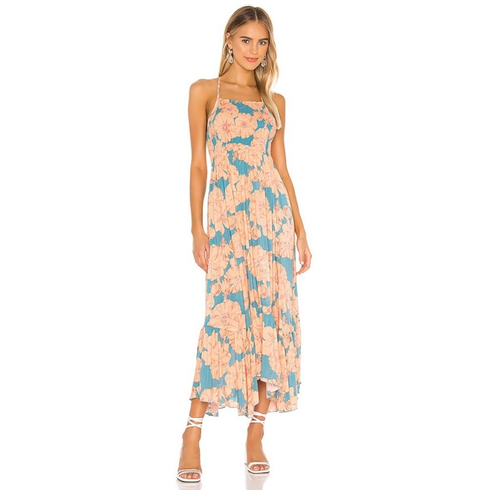 Free People Intimahely Free Orange Blue Floral Maxi Dress Smocked Ruffle S